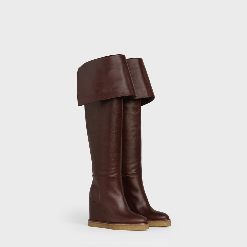 Celine Manon Wedge Over The Knee Boot Burgundy Calfskin Leather Size 39 9 US